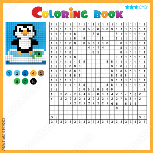 Penguin. Color by numbers. Coloring book for kids. Colorful Puzzle Game for Children with answer.