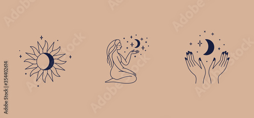 Vector abstract logo design template in trendy linear minimal style, emblem for beauty studio and cosmetics - female figure with moon and stars