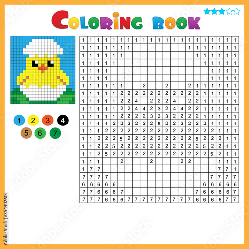 Chick with egg. Color by numbers. Coloring book for kids. Colorful Puzzle Game for Children with answer.