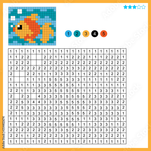 Goldfish or fish. Color by numbers. Coloring book for kids. Colorful Puzzle Game for Children with answer.