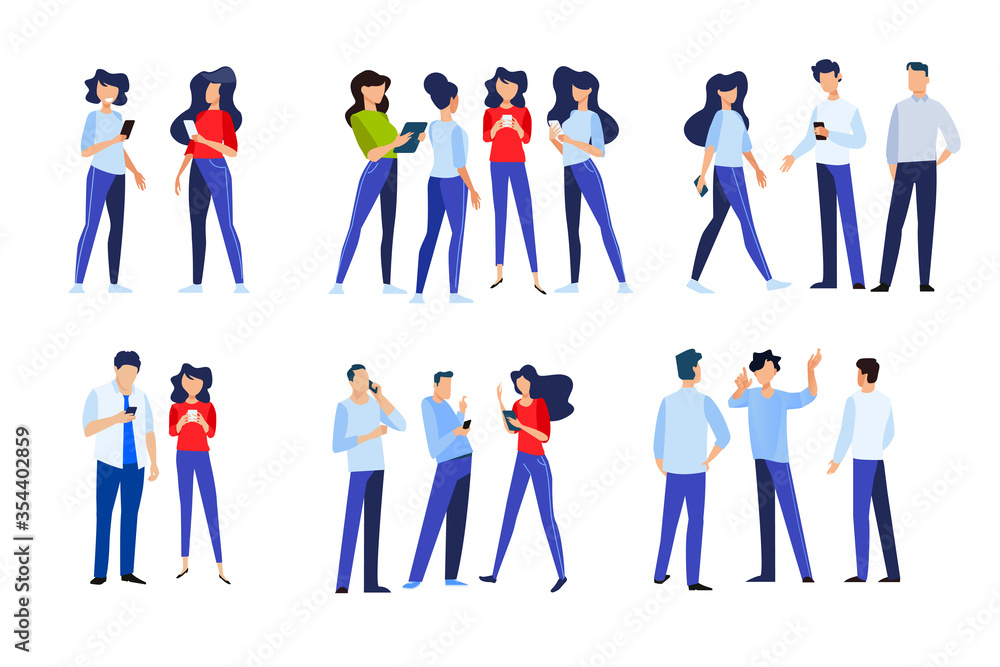 Flat design style illustration of people in different poses, communicate and use a mobile phone. Vector concept for website banner, marketing material, business presentation, online advertising.