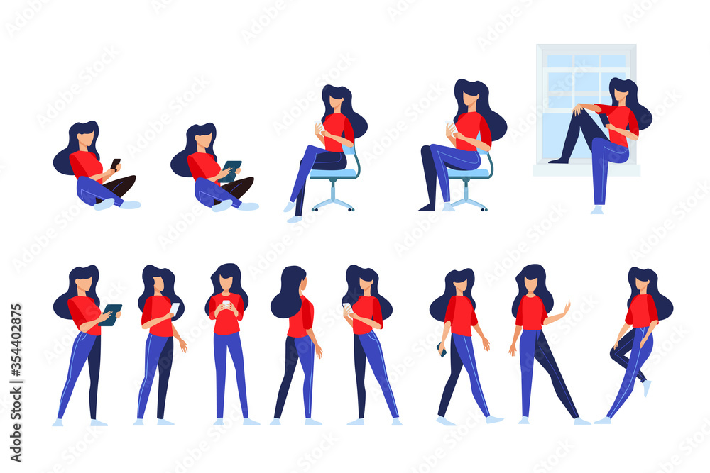 Flat design style illustrations of woman in different poses, use a mobile phone and tablet. Vector concepts for website banner, marketing material, business presentation, online advertising.