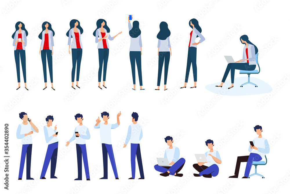 Flat design style illustrations of woman and man in different poses, use electronic devices. Vector concepts for website banner, marketing material, business presentation, online advertising. Flat design style illustrations of woman and man in different poses, use electronic devices. Vector concepts for website banner, marketing material, business presentation, online advertising.