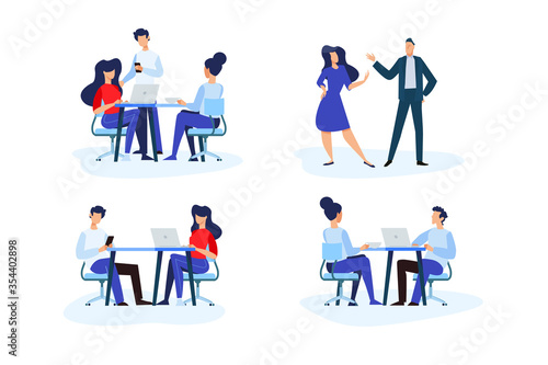 Flat design style illustrations of teamwork, office, meeting, business situation. Vector concepts for website banner, marketing material, business presentation, online advertising.