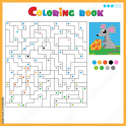 Mouse with cheese. Coloring book for kids. Colorful Puzzle Game for Children with answer.