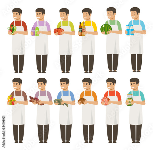 Male sellers are holding products in their hands