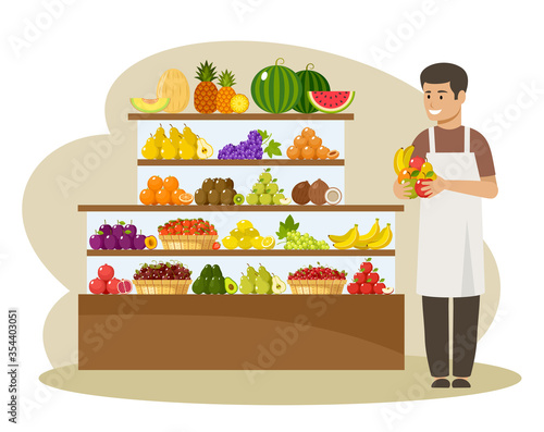 Male seller offers fruits