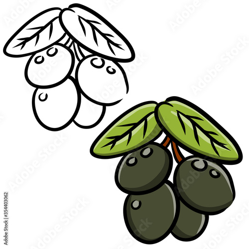 Olive. Green vegetable on branch with leaves. Element of oil and a healthy diet. Cartoon illustration isolated on white