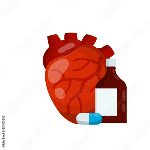 Heart and tablet packaging. Bottle of pills. Treatment of cardiac pain. Cardiology and health. Hospital element and medications. Cartoon flat illustration