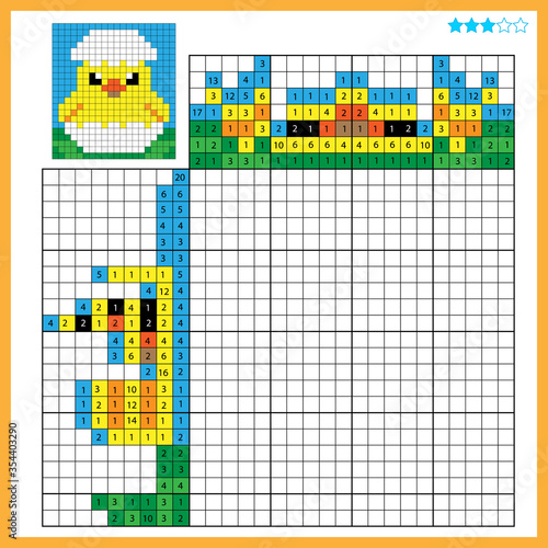Chick with egg. Colorful japanese crossword with answer. Color by numbers. Coloring book for kids. Nonogram. Puzzle Game for school Children.