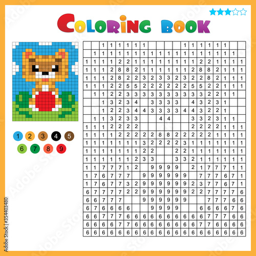 Cat with ball. Color by numbers. Coloring book for kids. Colorful Puzzle Game for Children with answer.