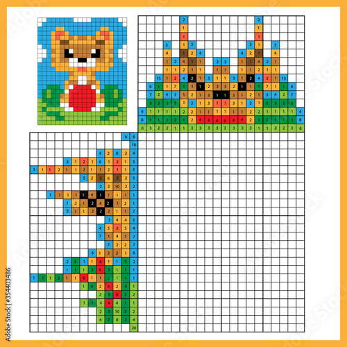 Cat with ball. Colorful japanese crossword with answer. Color by numbers. Coloring book for kids. Nonogram. Puzzle Game for school Children.