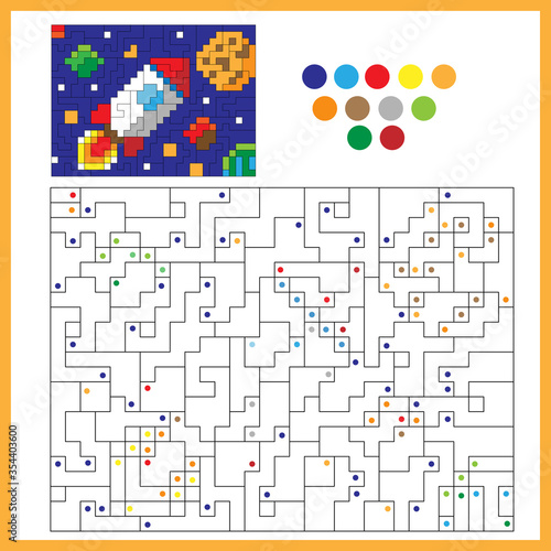 Rocket in space. Coloring book for kids. Colorful Puzzle Game for Children with answer.