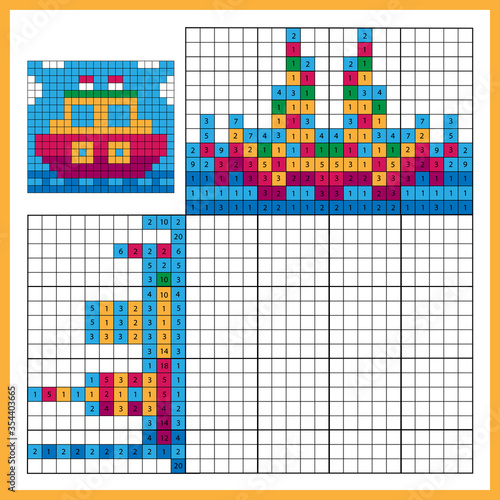 Steamship or ship. Colorful japanese crossword with answer. Color by numbers. Coloring book for kids. Nonogram. Puzzle Game for school Children.