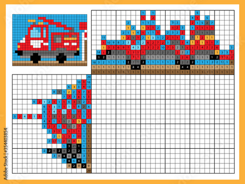 Fire engine. Colorful japanese crossword with answer. Color by numbers. Coloring book for kids. Nonogram. Puzzle Game for school Children.