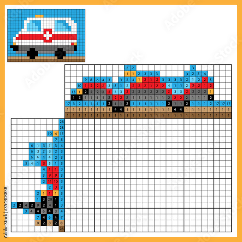 Ambulance. Colorful japanese crossword with answer. Color by numbers. Coloring book for kids. Nonogram. Puzzle Game for school Children.