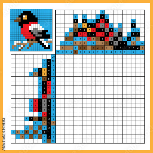 Bullfinch. Colorful japanese crossword with answer. Color by numbers. Coloring book for kids. Nonogram. Puzzle Game for school Children.