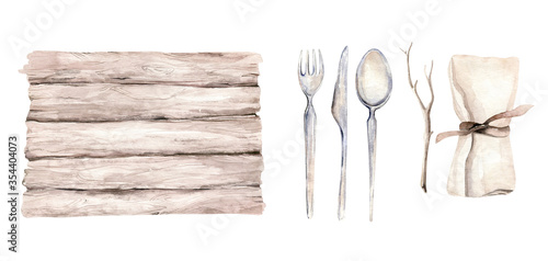 Table setting, top view. Watercolor hand drawn illustrations type of plate, fork, spoon, knife, wooden cuttig board, pan, wooden backgraund texture. Olive oil, paper and textile napkin service. photo