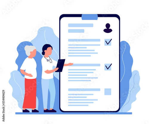 Senior woman in consultation with doctor, nurce. Health monitoring in old age. Verification and decoding of analyzes in old age. Communication, support of medical personnel. Vector flat illustration