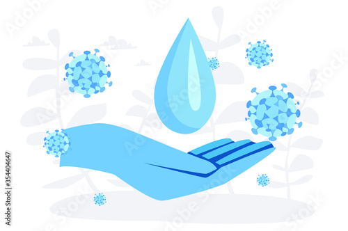 Washing hands to sanitize  COVID-19, disinfect Coronavirus, COVID-19 virus pathogen on hands. Vector illustration for web banner, infographics, mobile. 