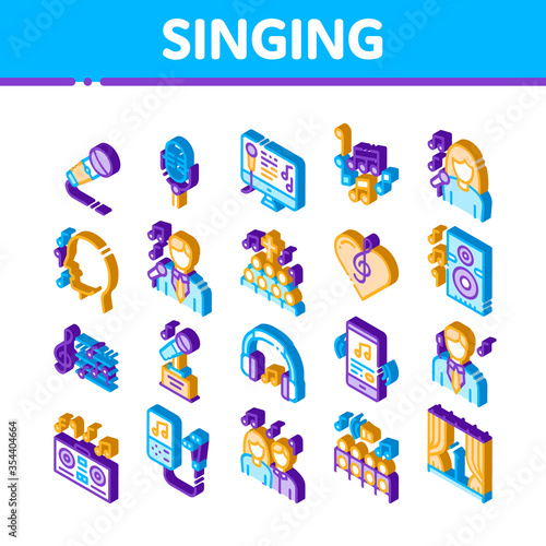 Singing Song Elements Vector Icons Set. Isometric Singer And Musical Notes, Microphone And Headphones, Concert, Opera And Singing In Karaoke Illustrations
