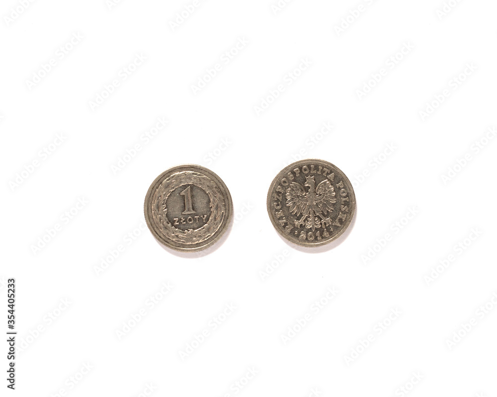 1 zloty coins close-up on a white isolated background. Polish coins 1 zloty coins close-up on a white isolated background. Polish coins