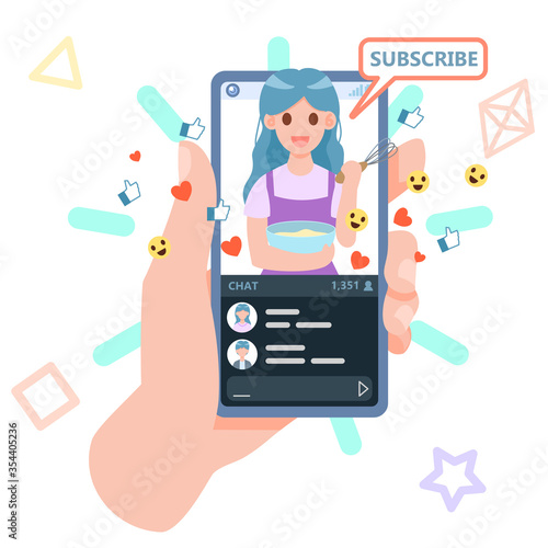 Female streaming cooking video bloggers on mobile smartphone screens. Vlogger making diet food content. Famous creative culinary influencers. Vector illustration flat design for banner, and website.
