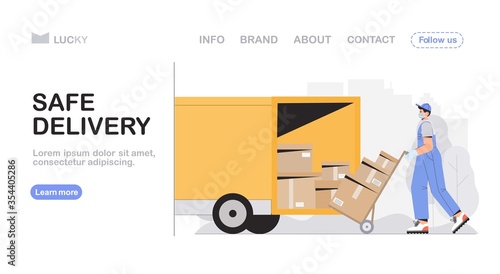 Safe delivery and courier service concept, loader or warehouse worker, in uniform wearing medicine mask, shipping boxes into a van. Flat style vector illustration for web banner, landing page.