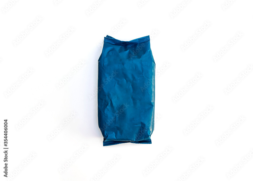 Crumpled blank foil bag packaging isolated on white background.
