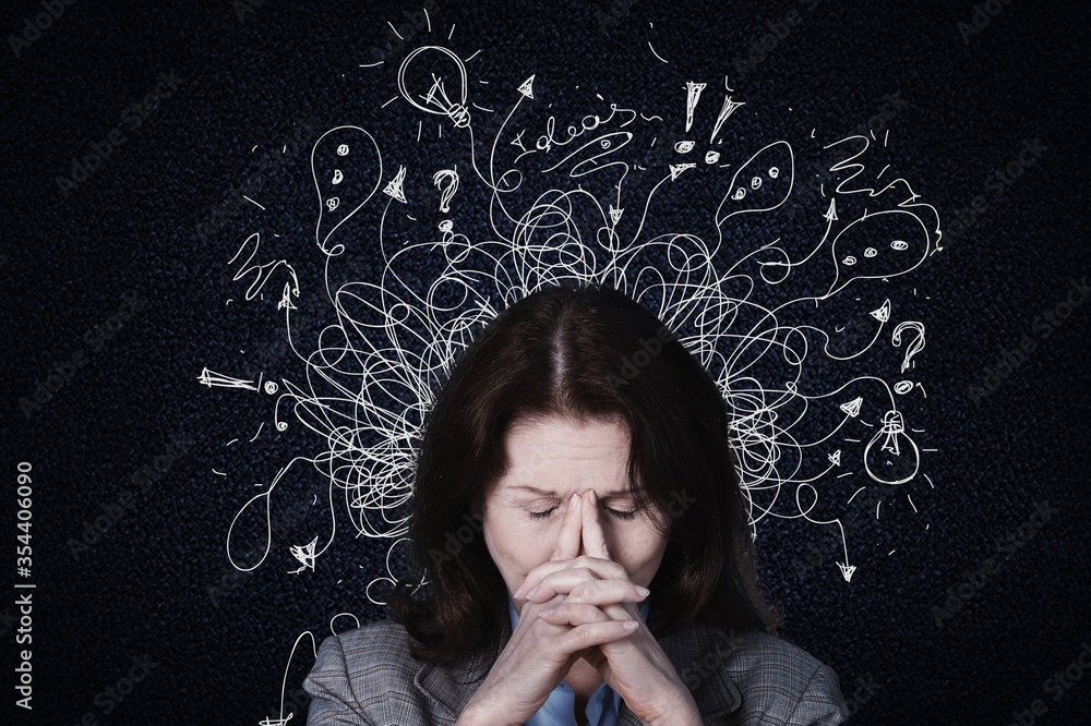 Young woman with worried stressed face expression with illustration - obrazy, fototapety, plakaty 