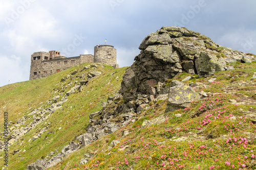 Old observatory castle on the mount Pip Ivan and pink rose rhododendron flowers on the rock mountain slope. Hiking travel outdoor concept, the Carpathian Mountains, Chornohora, Ukraine.