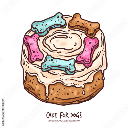 Cake for dog for anniversary or happy birthday. Canine food, dessert with bone, cupcake, cookie and cream. Puppy holiday. Sketch vector doodle hand drawn illustration