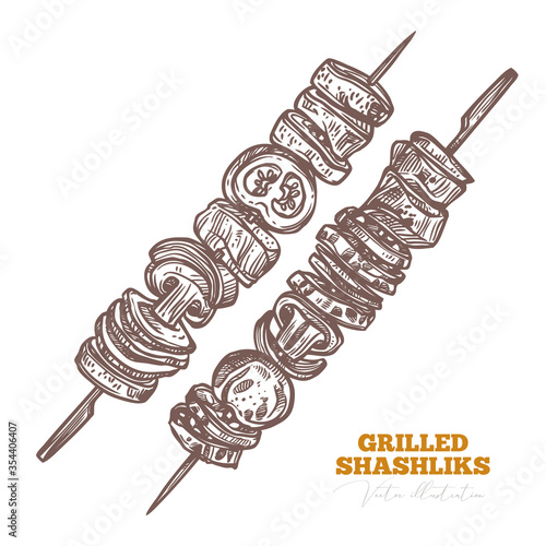 Grilled BBQ shashlik with meat, pork, vegetables, tomato, mushrooms. Barbecue food illustration. Rosted picnic snack and appetizer. Sketch vector drawing illustartion