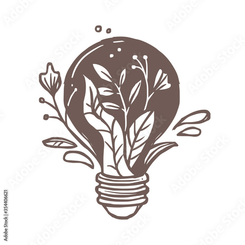 Lamp or light bulb with flowers, plants, leaves and foliage. Symbol and sign of idea, creativity and ecology. Emblem concept for illumination, solution, brainstorm. Sketch hand drawn doodle illustrati