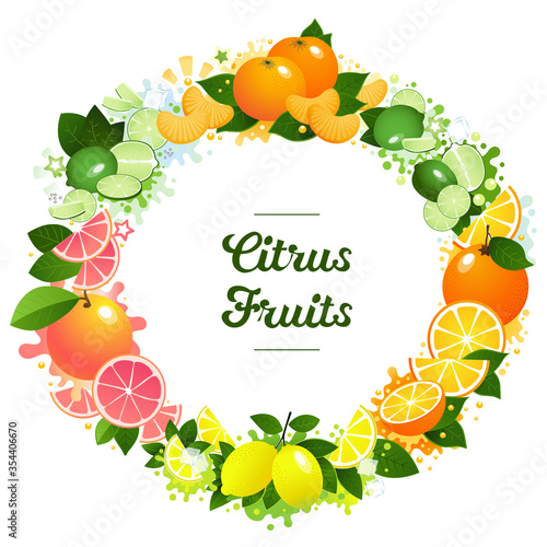 Citrus fruits frame including orange, lime, tangerine, lemon and grapefruit. Bright vector style with splashes and stars