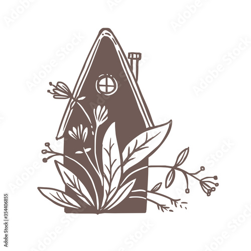 Vector cute house or village with flowers, plants, foliage and leaves. Sweet home concept, creative concept for logo, emblem, label. Symbol of coziness and comfort apartments, sketch doodle drawing
