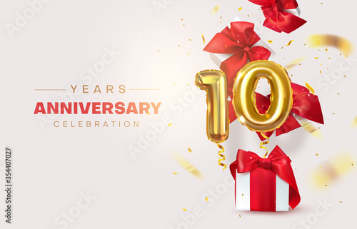Celebrating the tenth anniversary. Numeric, Birthday balloon. Gifts are flying with confetti, number 10. Birthday decorations. Vector illustration