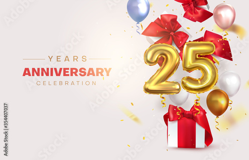 Celebration of the twenty fifth anniversary. Gifts are flying. number 25. Numeric, Birthday balloon. Birthday decorations. Vector illustration