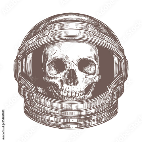 Vector human skull in cosmonaut helmet on white background. Dead astronaut in the space in spacesuit. Vector sketch realistic drawing in engraved style. Illustration for t-shirt, print or tattoo