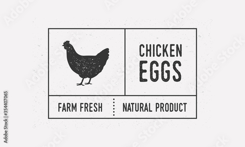 Chicken eggs packaging vintage label. Old label with chicken, poultry icon. Trendy minimal design. Label, tag, logo, card. Vintage sticker template for packaging. Vector illustration