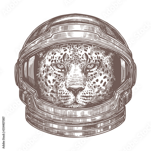 Vector leopard astronaut in cosmonaut helmet. Pradator cat in the space in spacesuit. Animal in the galaxy, adventure across the univerce. Sketch drawing, illustration for poster or t-shirt photo