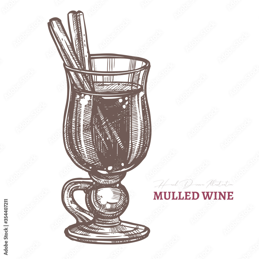 Vector sketch mulled wine with cinnamon. Alcohol warm christmas beverage. Hand drawn engraved illustration of grog in glass cup Vector sketch mulled wine with cinnamon. Alcohol warm christmas beverage. Hand drawn engraved illustration of grog in glass cup