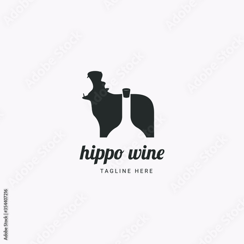vintage hippo wine logo design. hippo logo design with negative space wine bottle