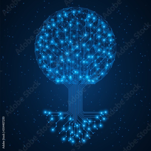 The technology tree. Digital data network. Concept of studying and developing technologies. Polygon model. Blue background.