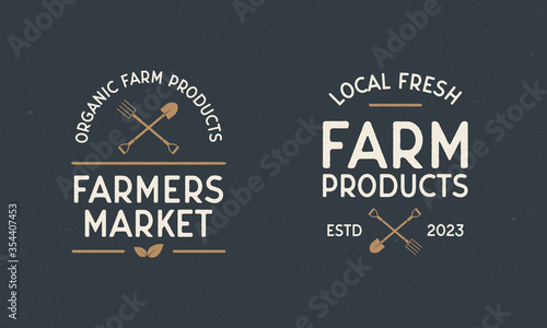 Farmers Market vintage labels. Organic food store logo with shovel and pitchfork. Label, badge, poster for Farmer's market, grocery store, food store. Vector illustration