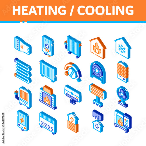 Heating And Cooling Vector Icons Set. Isometric Cool And Humidity, Airing, Ionisation And Heating Concept Pictograms. Conditioning Related Illustrations