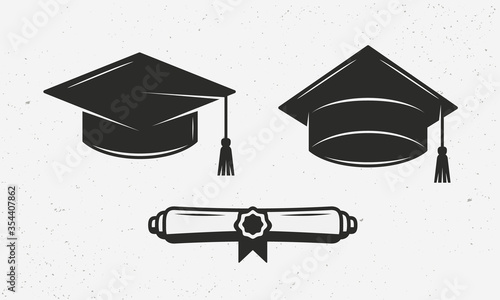 Graduation cap and diploma icons. Graduation ceremony icons set isolated on white background. Vintage design. Vector illustration
