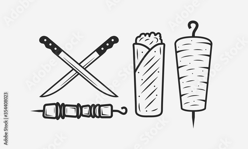 Doner Kebab set isolated on white background. Meat knives, kebab, shawarma, kebab sandwich. Shashlik on skewer. Kebab vintage design element for restaurant menu, logo, poster. Vector illustration