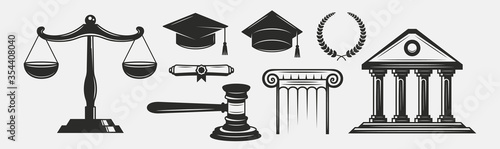Justice, Law vintage set. Justice scales, gavel, courthouse. Lawyer icons set isolated on white background. Lawyer, advocate, notary logo templates. Vector illustration