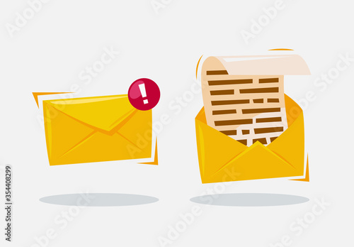  Vector illustration of icons for letters with notifications, letters with enclosed paper with text, open a delivered letter